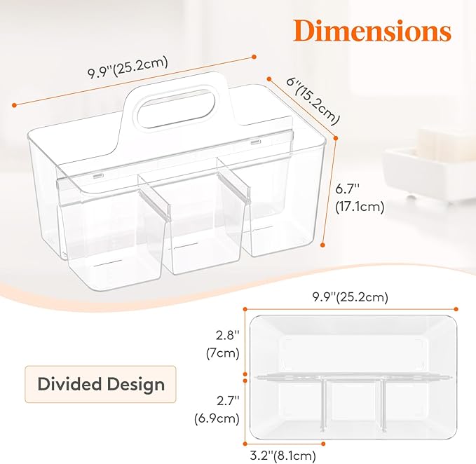 Lifewit Plastic Divided Caddy Organizer with Handle, Portable Art Supply Storage Organizer for Craft Supplies, Cosmetics, Holds Pencil, Crayon, Brushes, Hair Product, Dorm Shower Caddy, Clear, 1Pack