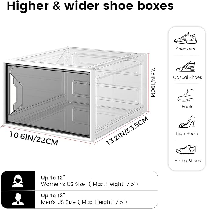 ADTO X-Large Stackable Shoe Boxes - Clear Plastic Shoe Storage Boxes with Magnetic Door, Thicken Shoe Organizer for Closet, Space Saving Foldable Shoe Containers Bins for Sneaker Boot - 6 Pack(White)