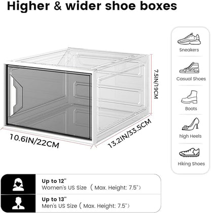 ADTO X-Large Stackable Shoe Boxes - Clear Plastic Shoe Storage Boxes with Magnetic Door, Thicken Shoe Organizer for Closet, Space Saving Foldable Shoe Containers Bins for Sneaker Boot - 6 Pack(White)