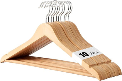 Hapmira Premium Wooden Hangers 10 Pack, Natural Solid Wood Hangers with Trouser Rods and Shoulder Notches, Space Saving for Suits, Shirts, Jackets, Dresses and Pants (10, Natural)