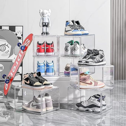 Acrylic Shoe Storage Boxes – Clear Plastic Stackable Shoe Organizer For Closet, Space Saving Shoe bins With Magnetic Doors 2 Lids Open For Sneakers, Trainers, Pumps, Heels, Flats (Clear- 4 Pack)