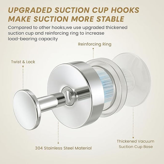 BKV Suction Cup Hooks for Glass Window,Removable Shower Hooks for Inside Shower,Metal Towel Hooks for Bathrooms,2 Pack(Mirror)