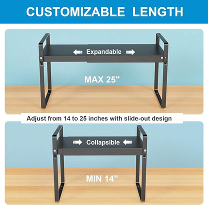 Expandable Cabinet Shelf Organizer 14-25 Inch Adjustable Length, 9" Wide 2-Tier (8" Bottom Layer) Metal Storage Rack for Kitchen Pantry, Under Sink Countertop - Heavy Duty Black(1 Pack)