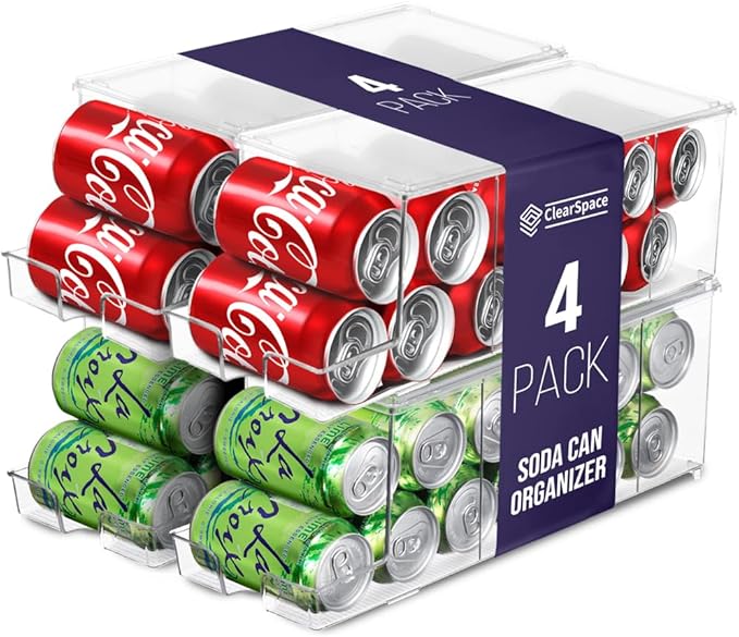 ClearSpace Soda Can Organizer & Soda Can Dispenser for Refrigerator - Fridge Organizer & Stackable Drink Organizer for Fridge, Can Organizer for Refrigerator - Holds 12 Cans Each, BPA Free - 4 Pack