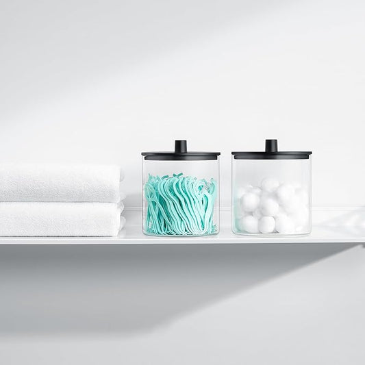 TIPGO Glass Qtip Holder Dispenser - 24 oz Clear Canister Jar, Bathroom Vanity Storage Organizer for Cotton Swabs, Pads, Floss Picks, Small Containers for Makeup Storage (Black)