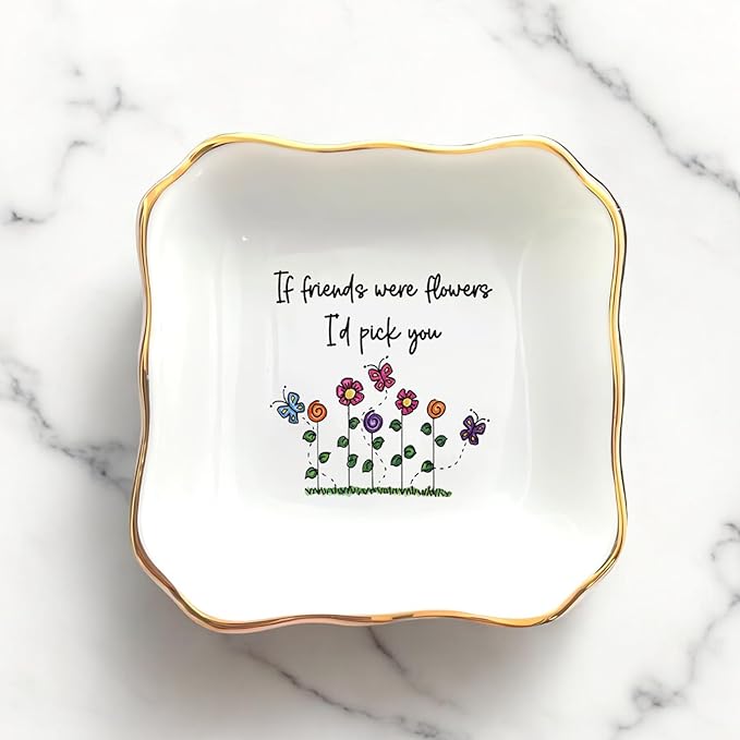 HatafaFurni Gift for Friend, Ring Dish for Her Women Girl Sister Friend, Ceramic Jewelry Dish, Jewelry Holder, Trinket Tray, Friendship Gift, Soul Sitser Present, If Friends were Flowers I Pick You
