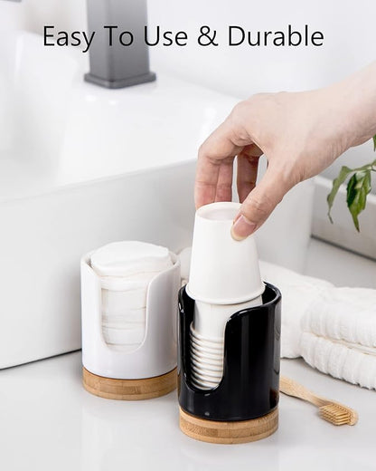 Ceramic Bathroom Cups Dispenser - 3 oz Disposable Paper & Plastic Bathroom Cups Holder - Mouthwash Cups Dispenser for Bathroom, Guest Toiletries, Countertop - BPA Free, Kids Safe (Black)