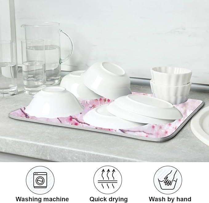 ZzWwR Romantic Pink Cherry Blossoms Absorbent Dish Drying Mat Microfiber Kitchen Countertop Table Protector Multipurpose Counter Rack Sink Drainer Pad (16” x 18”)