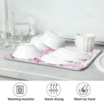 ZzWwR Romantic Pink Cherry Blossoms Absorbent Dish Drying Mat Microfiber Kitchen Countertop Table Protector Multipurpose Counter Rack Sink Drainer Pad (16” x 18”)