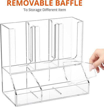 Richboom Cup and Lid Organizer, 6 Compartments with 2 Removable Dividers Coffee Station Countertop Cup Dispenser Condiment Organizer Accessories Caddy for Breakroom, Office, Home - Clear