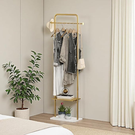 Gold Clothing Rack, Freestanding Coat Rack with Metal Shelves and Natural Marble Base, Small Clothes Stand Organizer for Bedroom, Entryway, Apartment (Gold, 19.7")
