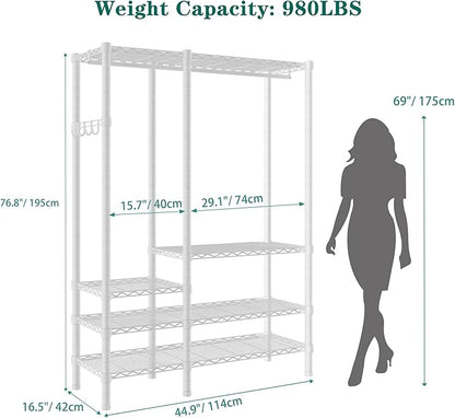 Heavy Duty Garment Rack, Metal Freestanding Closet Wardrobe Clothes Racks for Hanging Clothes, 4 Tiers Adjustable Wire Shelving, 44.9'' L x 16.5'' W x 76.8 '' H, Max Load 850LBS, White
