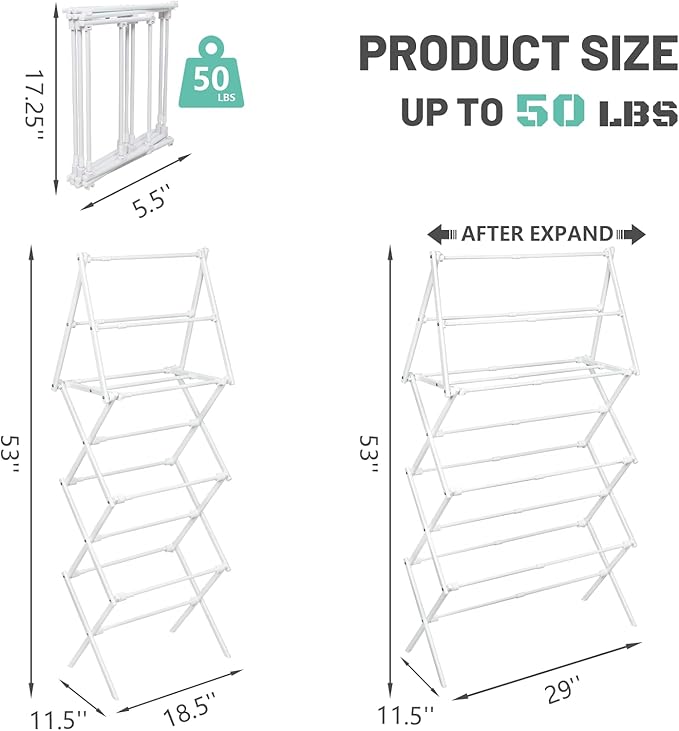 4 Tier Clothes Drying Rack Foldable | Foldable Clothing Drying Rack | Laundry Drying Rack Collapsible for Laundry Room, Dorm, Expandable Sturdy Metal Design | White 29"L x 11.5"W x 53"H
