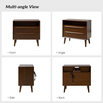 HULALA HOME End Table with Charging Station, Mid-Century Modern 2 Drawer and Open Shelf, Fluted End Table（Walnut, Set of 2）