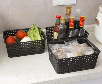 Black Plastic Woven Storage Baskets, 6-Pack Weave Basket Organizer for Kitchen Office Bathroom