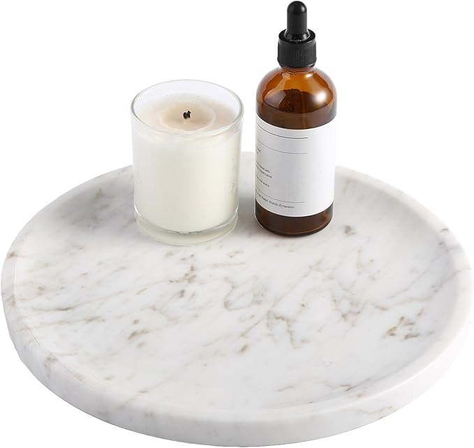 Natural Marble Decorative Tray for Bathroom Bedroom Kitchen Dresser, 9.8” Round Vanity Trays for Jewelry, Perfume, Cosmetic, Candle, Countertop Storage Organizer for Home Decor White (Volakas)