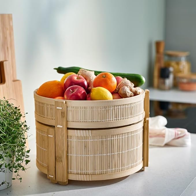 2-Piece Bamboo Fruit Basket Set – Stackable Round Storage Bins for Produce & Pantry