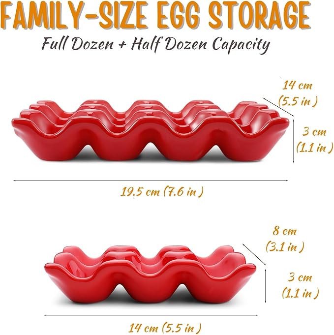 Flexzion 12 Cups Ceramic Egg Holder for Fridge - Dozen Ceramic Egg Tray Porcelain Container Storage Organizer Decorative Serving Stand Serveware for Refrigerator Countertop Display (Red, 2 Pack)