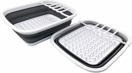 SAMMART 8L (2.11Gallons) Collapsible Dish Drainer - Foldable Drying Rack - Portable Dinnerware Organizer - Space Saving Kitchen Utensil Storage Tray (White/Steel Grey (Set of 2))