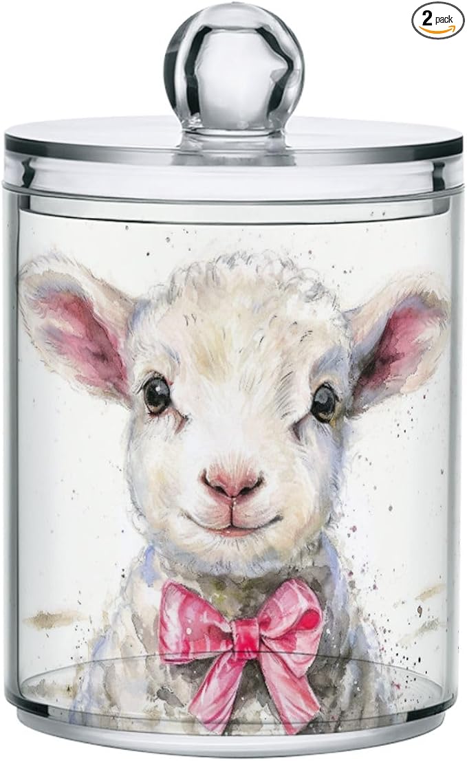 MNSRUU 2 Pack Qtip Holder Organizer Dispenser Cute Sheep Pink Bathroom Storage Canister Cotton Ball Holder Bathroom Containers for Cotton Swabs/Pads/Floss
