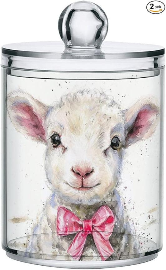 MNSRUU 2 Pack Qtip Holder Organizer Dispenser Cute Sheep Pink Bathroom Storage Canister Cotton Ball Holder Bathroom Containers for Cotton Swabs/Pads/Floss
