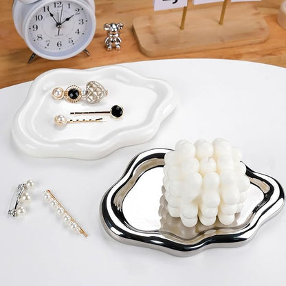 VanEnjoy Ceramic Cute Jewelry Dish, Aesthetic Jewelry Tray Silver finished, Small Trinket Dish, Ring Bowl for Jewelry, Thanksgiving Friend Gift