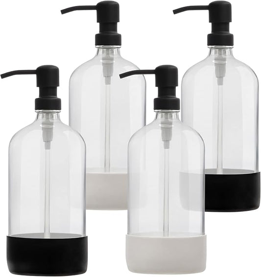 32 oz Glass Pump Bottles - Rustproof Stainless Steel Pump, Silicone Sleeves - Modern Farmhouse Vintage Design for Shampoo, Hand Soap, Lotion - Matte Black Pumps