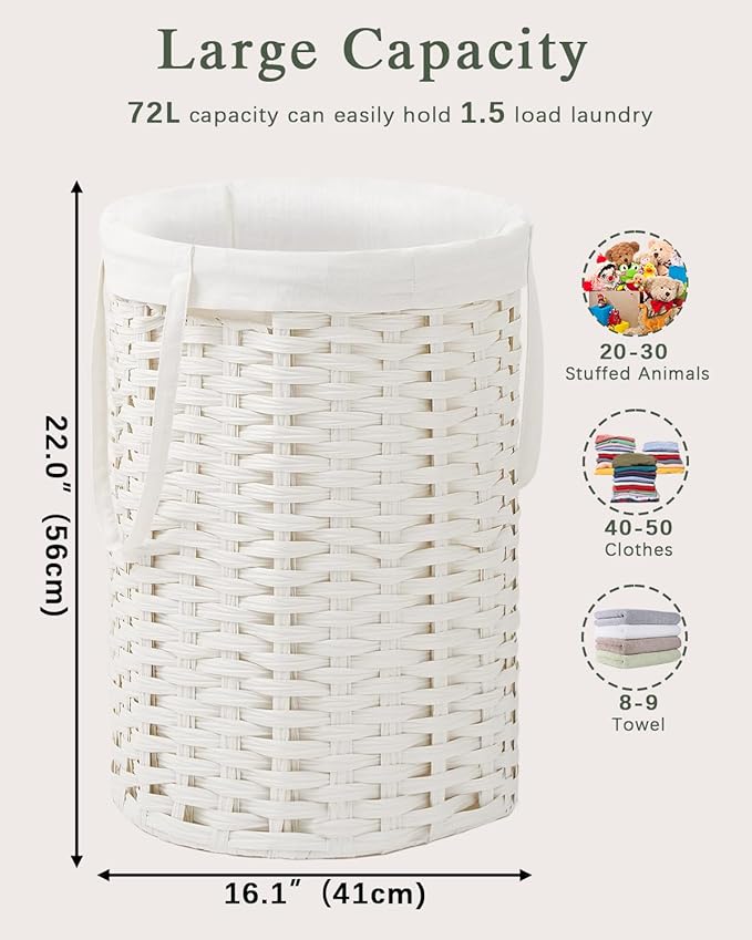 Laundry Hamper Laundry Basket Round 19.0 Gal (72 L) Handwoven Rattan Hamper, Large Wicker Laundry Hamper with Removable Laundry Bag Handles 2 Mesh Bags for Bedroom Living Room White (No Lid)
