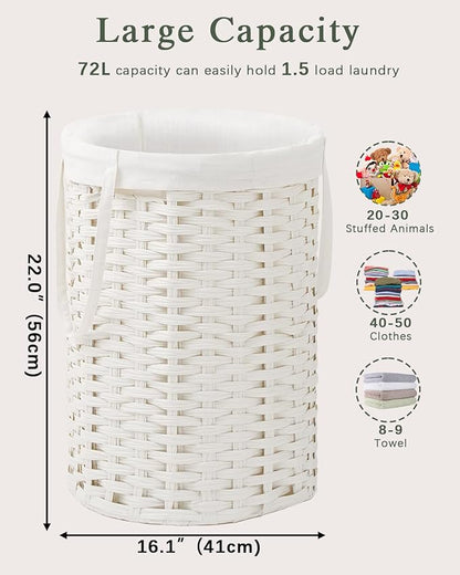 Laundry Hamper Laundry Basket Round 19.0 Gal (72 L) Handwoven Rattan Hamper, Large Wicker Laundry Hamper with Removable Laundry Bag Handles 2 Mesh Bags for Bedroom Living Room White (No Lid)