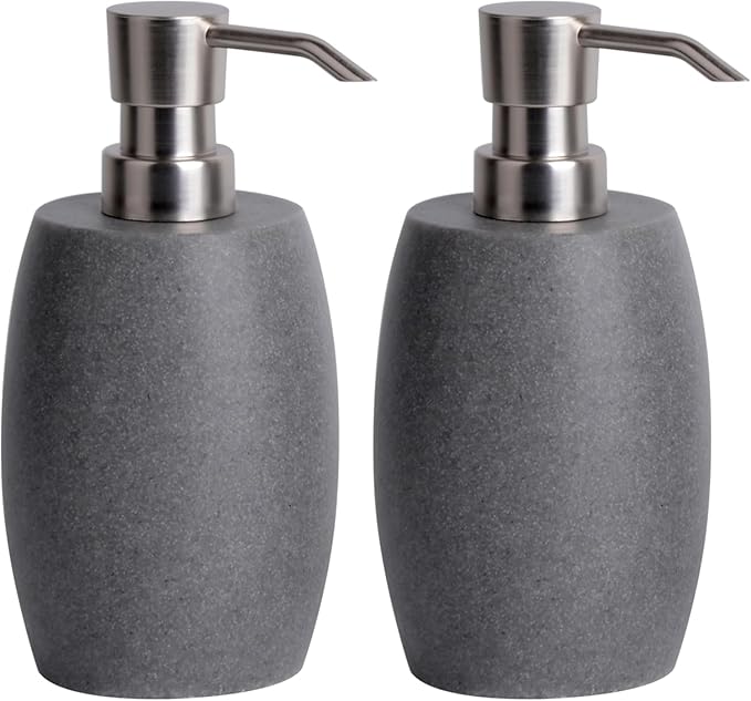 Clasin Home Sandstone Textured Resin Soap Dispenser with Metallic Pump and Waterproof Bottle Labels for Bathroom Kitchen Dish Hand Wash Shower Lotion Shampoo, 12 Oz, 2 Sets Gray