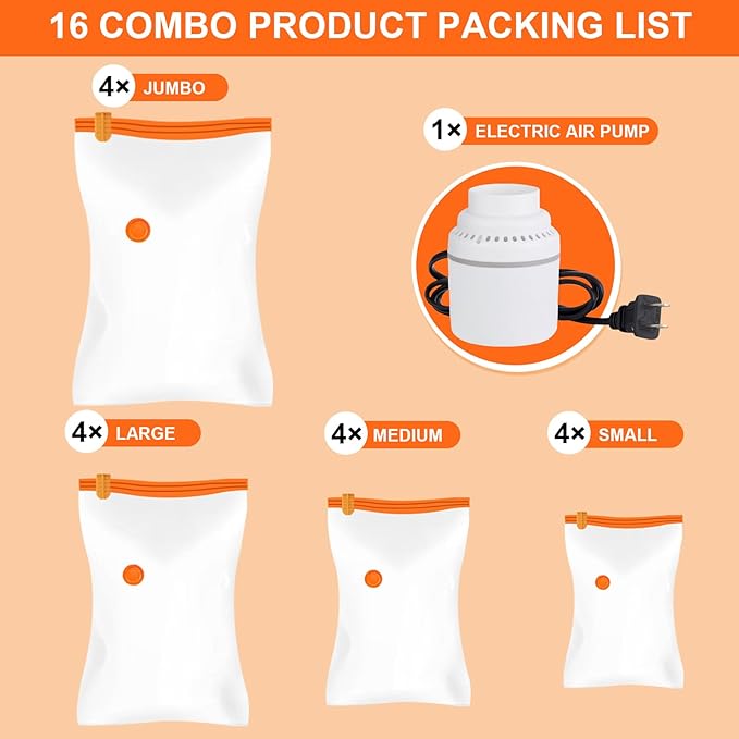 AGPTEK 16 Pack Vacuum Storage Bags(4 Jumbo/Large/Medium/Small) Compression Storage Bags for Blankets Clothes, Space Saver Vacuum Seal Bags for Clothing Bedding Travelling Luggage(Electric Pump)