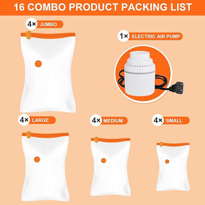 AGPTEK 16 Pack Vacuum Storage Bags(4 Jumbo/Large/Medium/Small) Compression Storage Bags for Blankets Clothes, Space Saver Vacuum Seal Bags for Clothing Bedding Travelling Luggage(Electric Pump)