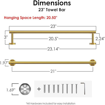 FORIOUS Towel Bar Wall Mounted, Stainless Steel Towel Racks for Bathroom 23 Inch, Includes Wall Mounting Hardware (Gold, Hanging Space 21 Inch)
