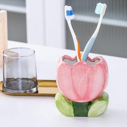 Pen Holder for Desk Tulips Vase Decor Aesthetic Cute Toothbrush Holder Pencil Holder for Office Makeup Brush Holder Yellow Kawaii Desk Accessories Home Decor Birthday Gifts for Women