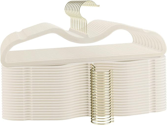 ZBODIMP Velvet Short Neck Hangers - Heavy-Duty, Non-Slip Felt Surface, Space-Saving Design with Anti-Slip Grooves & Shoulder Shape, 360° Rotating Hooks, Durable for Coats, Shirt& Dresses (30, Beige B)