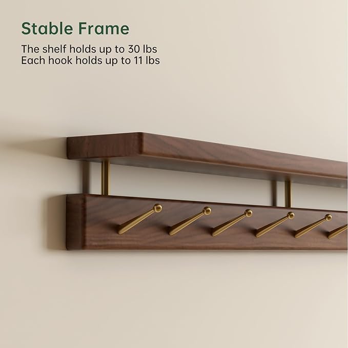 Walnut Wall Hooks with Shelf, Coat Rack Wall Mount, Entryway Hanging Shelf with 9 Brass Hooks for Hats, Clothes, Towels, Bags, Black Walnut Wood, Natural