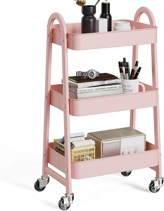 Utility Cart on Wheels, Metal Rolling Storage Cart Three Tier Small Cart with Lockable Wheels, Heavy Duty Kitchen Storage Cart with Handle, for Office, Living Room, Bathroom (Pink)