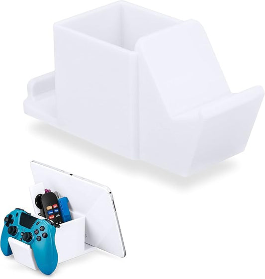 Desk Organizer with Game Controller Holder, Tablet Stand for iPads/iPhones, TV Remote & Pen Storage, Reduce Desktop Clutter, Have All Your Side Table Items in One Space (White)