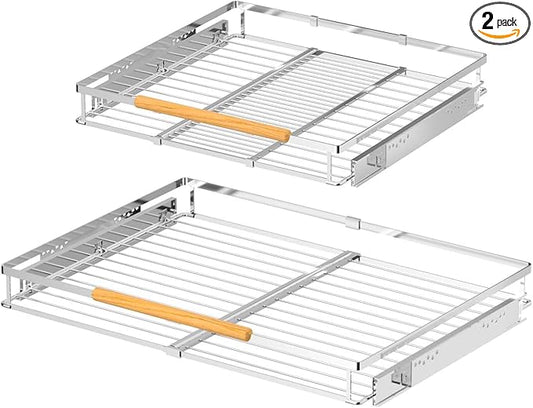 Pull Out Cabinet Organizers,Expandable Cabinet Wire Shelf,Slide Out Kitchen Drawers,D:17” x W:16”-26”,2 Packs of Stainless Steel Gliding Cupboard Shelves for Home Kitchen Pantry Cupboard Pots Pans