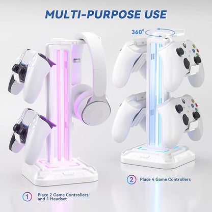 KDD RGB Headset Stand with 9 Light Modes - Controller Holder for Desk - Rotatable Headphone Stand & Detachable Controller Hook for PC Earphone Accessories(White)