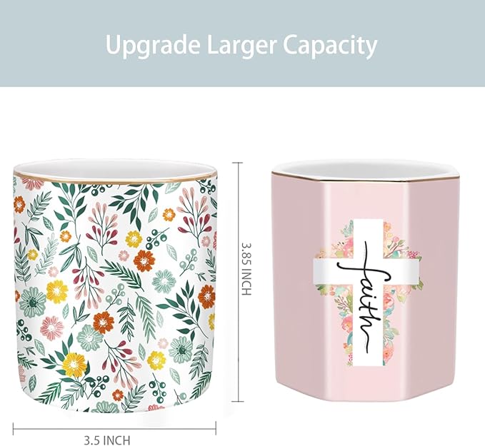 WAVEYU Desk Pen and Pencil Holder, Ceramic Multifunctional Organizer for Home, Office, and School, Green Floral Pattern
