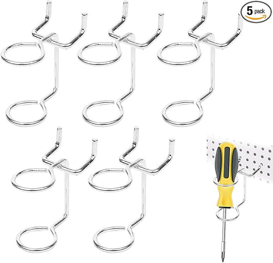 5Pcs Pegboard Screwdriver Holder Tool Organizers Double-Ring Peg Board Hang Tool Holders Hooks and Hangers for Screw Drivers Wrench Hammer Pliers Storage Accessories Wall Mount Tool Storage