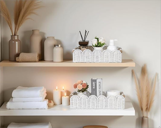 CubesLand Toilet Paper Storage Basket, Scalloped Edge Shelves Basket for Organizing for Over Toilet Tank Storage, Home Decor Baskets for Shelf, Countertop, Living Room, Bedroom, Handwoven, White