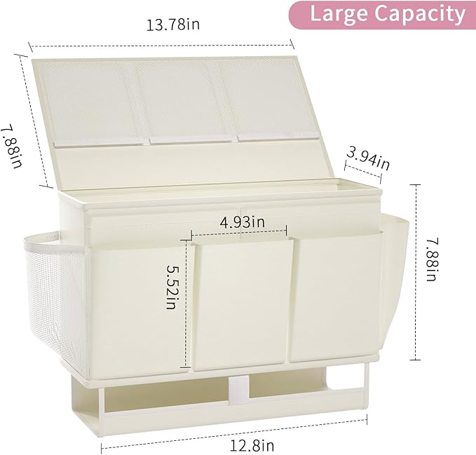 Frjjthchy Bedside Caddy Bedside Organizer,Bed Caddy with 11 Pockets and Power Strip Holder,Versatile Bedside Storage Caddy for Home,Dorm,Bunk,Hospital,Crib Bed (White)