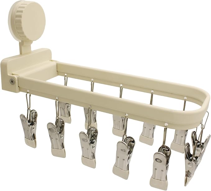 Foldable Laundry Drying Rack with 15 Clips, Wall Mount Suction Cup Hanger for Socks Undergarments Towels, Space Saving Clothes Organizer, Cream White
