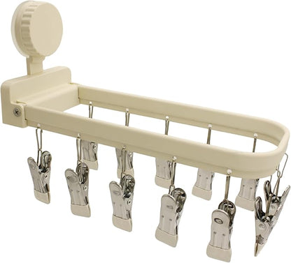 Foldable Laundry Drying Rack with 15 Clips, Wall Mount Suction Cup Hanger for Socks Undergarments Towels, Space Saving Clothes Organizer, Cream White