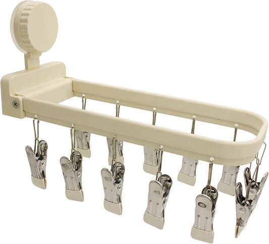 Foldable Laundry Drying Rack with 15 Clips, Wall Mount Suction Cup Hanger for Socks Undergarments Towels, Space Saving Clothes Organizer, Cream White
