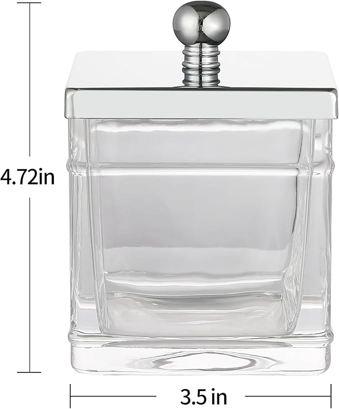 Indecor Home Glass Cotton Jar Holder 2 Pack– Silver/Chrome Lid, Elegant Bathroom Storage Canister for Qtips, Cotton Balls, Floss, Makeup Organizer, Vanity & Bathroom Organization