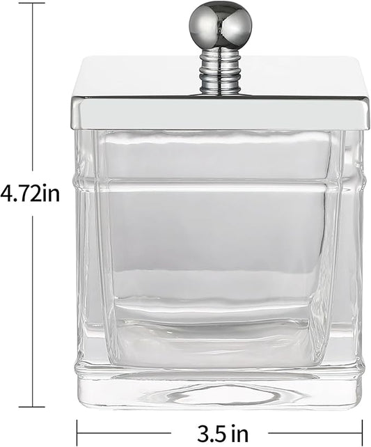 Indecor Home Glass Cotton Jar Holder 2 Pack– Silver/Chrome Lid, Elegant Bathroom Storage Canister for Qtips, Cotton Balls, Floss, Makeup Organizer, Vanity & Bathroom Organization