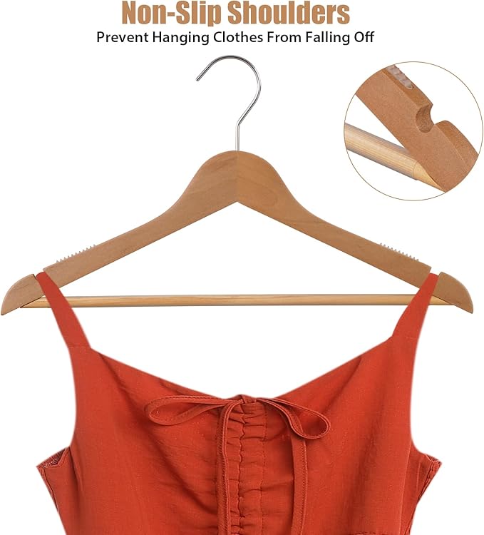 20-Pack Wooden Hangers, Schima superba Hanger, Natural Wood Suit Hangers with Non-Slip Trouser Bars, Hanger for Shirts, Jackets, Dresses, Wedding Dresses